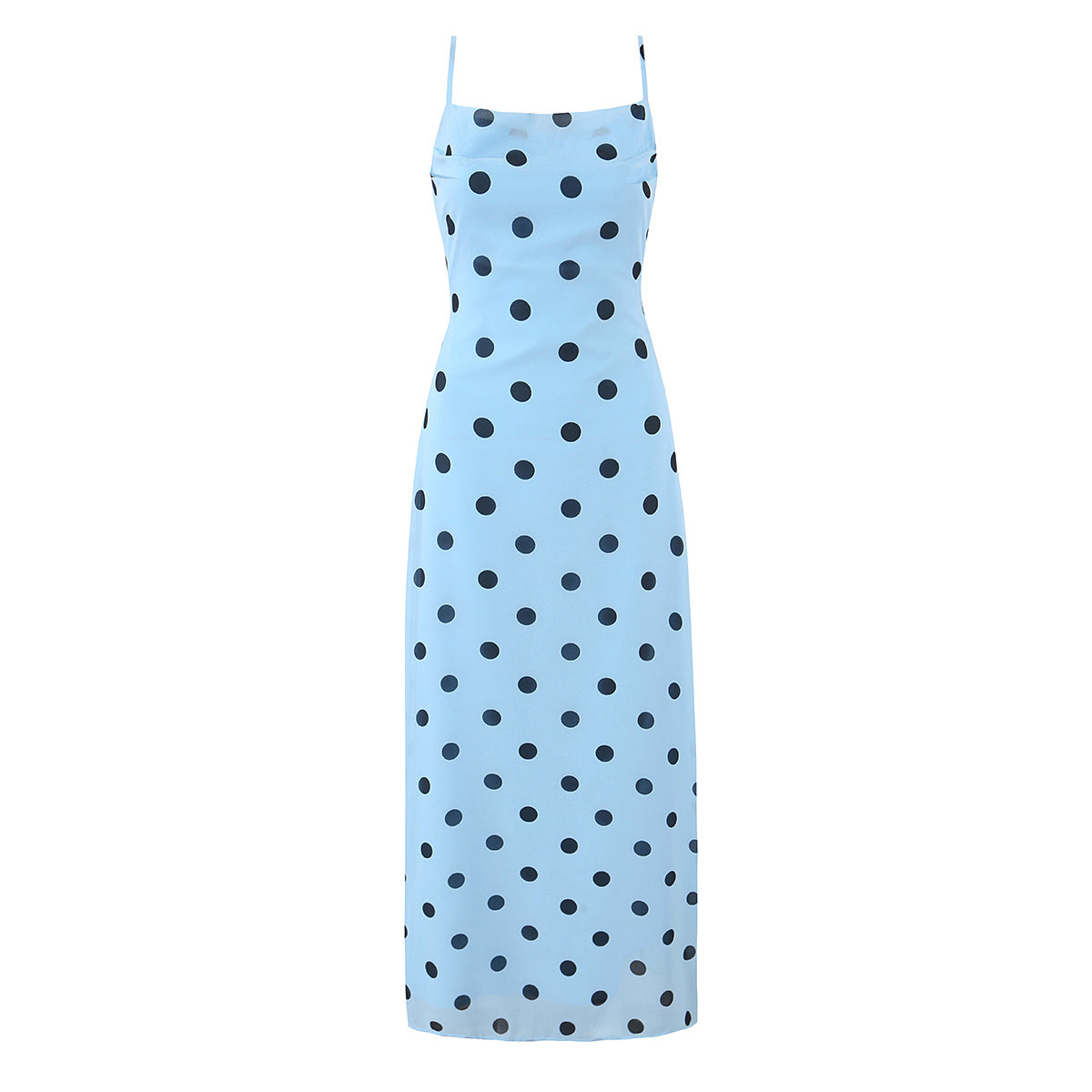 Pink polka dot maxi dress for women, vintage backless design with lace-up detail and a tight waist from Plush Fashion Hub.