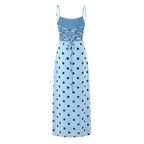 Pink polka dot maxi dress for women featuring a backless lace-up design, tight waist, and vintage-inspired elegance by Plush Fashion Shop.