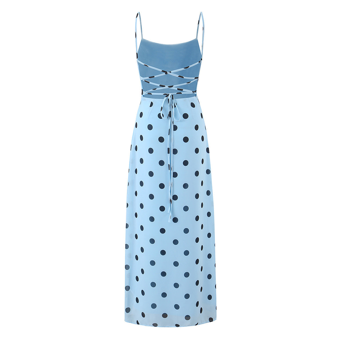 Pink polka dot maxi dress for women featuring a backless lace-up design, tight waist, and vintage-inspired elegance by Plush Fashion Shop.