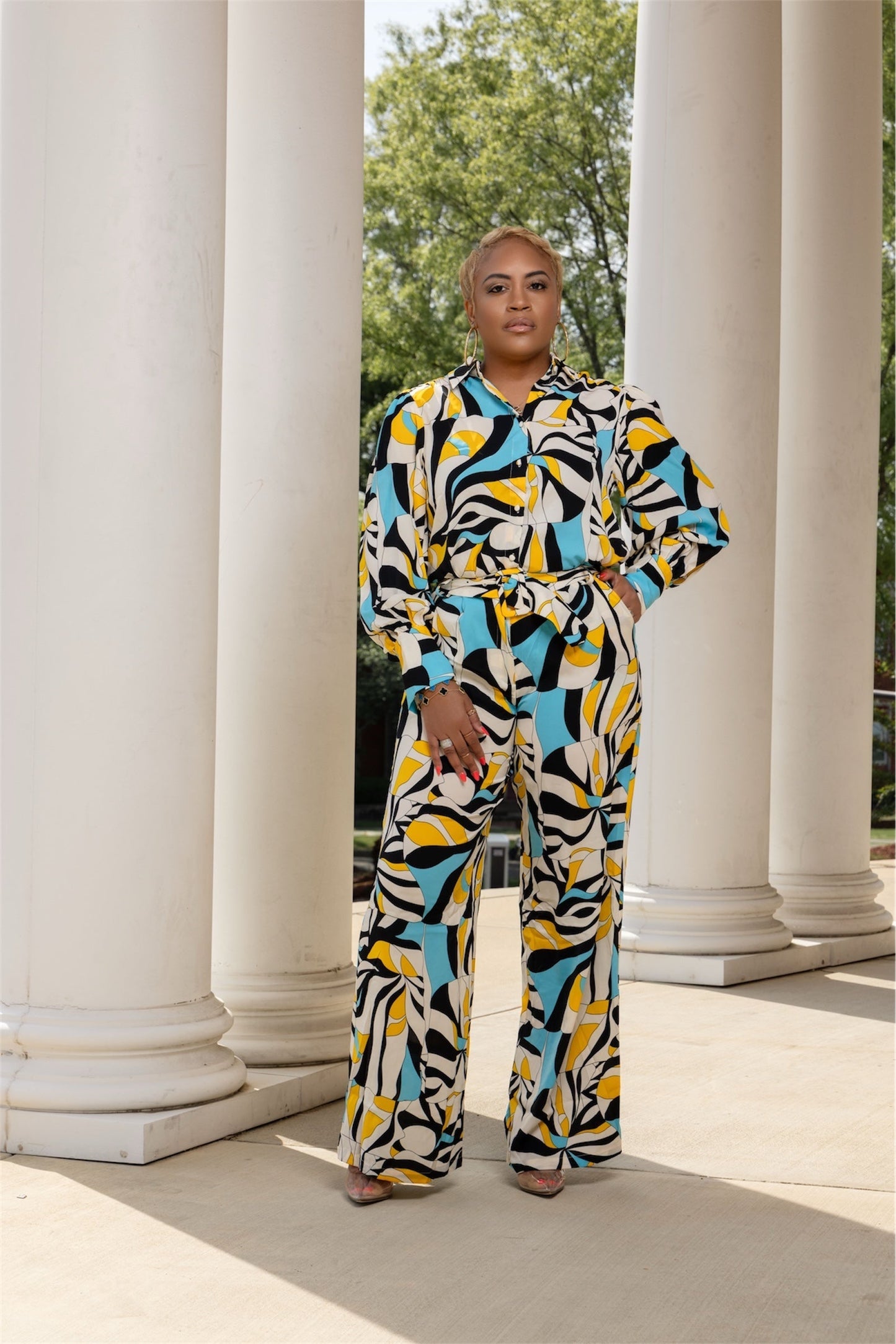 Blue, Yellow & Cream Abstract Pant & Blouse Set The Bella Noire Store