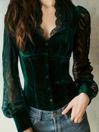 Women's French-style black velvet and lace patchwork top by Plush Fashion Hub, featuring elegant lace details and velvet fabric.