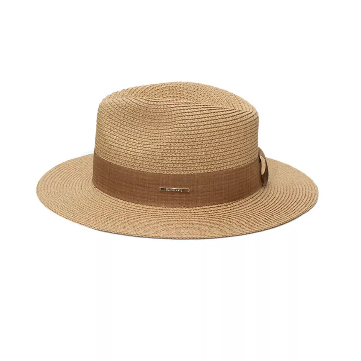 Women's wide brim straw sun hat by Plush Fashion Hub, classic beach accessory, lightweight straw material with a stylish brim.