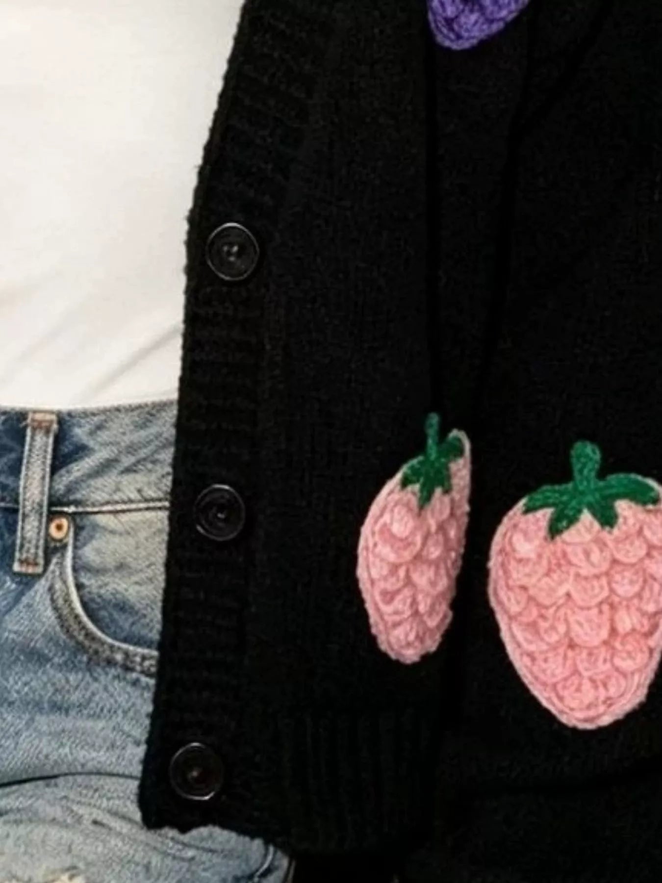 Plus size fruit applique knit cardigan by Trendsi, featuring colorful fruit designs on soft, cozy knitwear.
