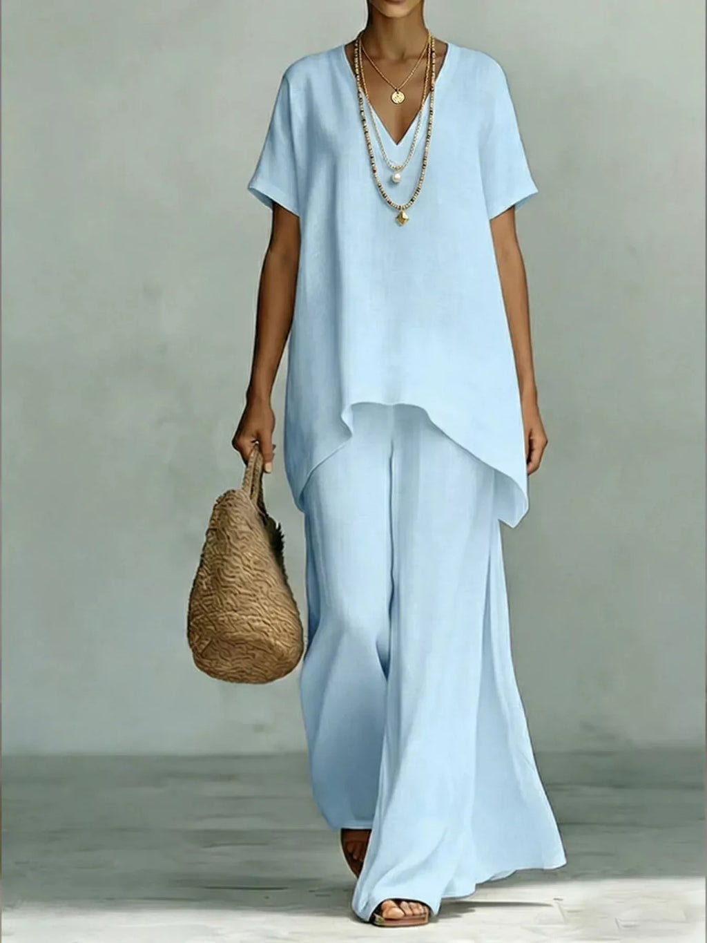 Plus size Shopimist V-neck top and wide-leg pants two-piece set, casual and comfortable for everyday wear.