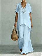 Plus size Shopimist V-neck top and wide-leg pants two-piece set, casual and comfortable for everyday wear.