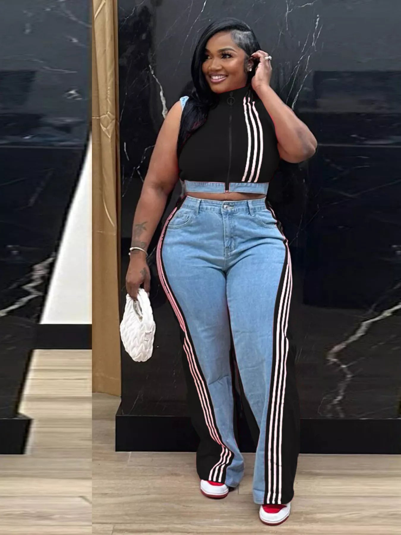 Shopimist zip front crop top and striped pants two-piece set, stylish casual outfit with vibrant pattern and comfortable fit.