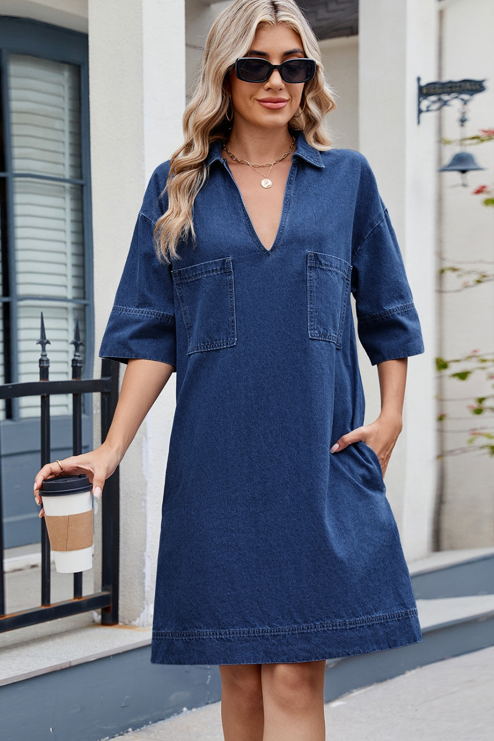 Plush Fashion Hub Johnny collar half sleeve denim dress displayed on a hanger, showcasing the casual stylish design and collar detail.