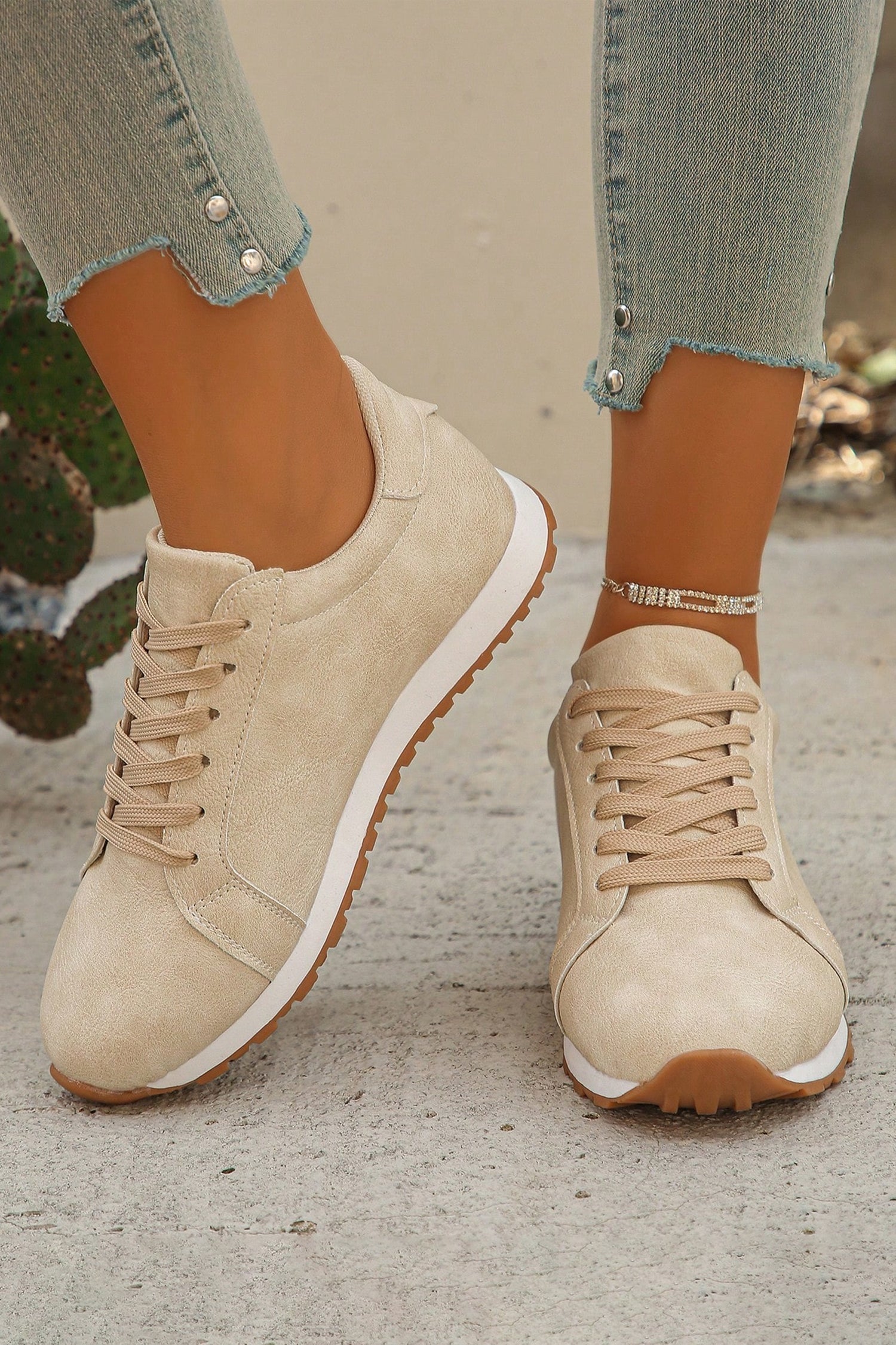 Womens Wren Suede Lace Up Sneakers by Threaded Pear, showing tan suede material and white rubber sole.