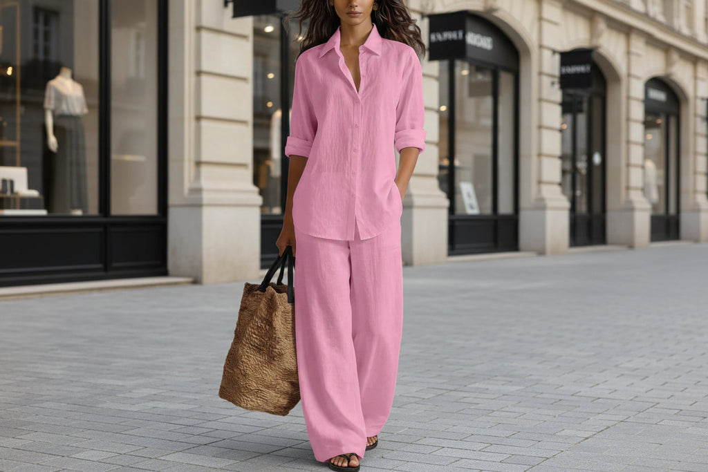Women's Bohemian cotton-blend top and pants set by FitiqueFit, casual resort lounge co-ord, featuring relaxed fit and boho style.