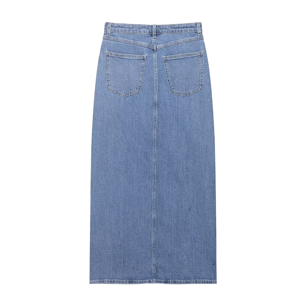 Women wearing a casual denim midi skirt by Wanita Store, perfect for summer, shown in a relaxed, stylish pose.