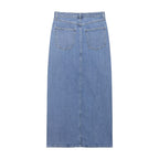 Women wearing a casual denim midi skirt by Wanita Store, perfect for summer, shown in a relaxed, stylish pose.
