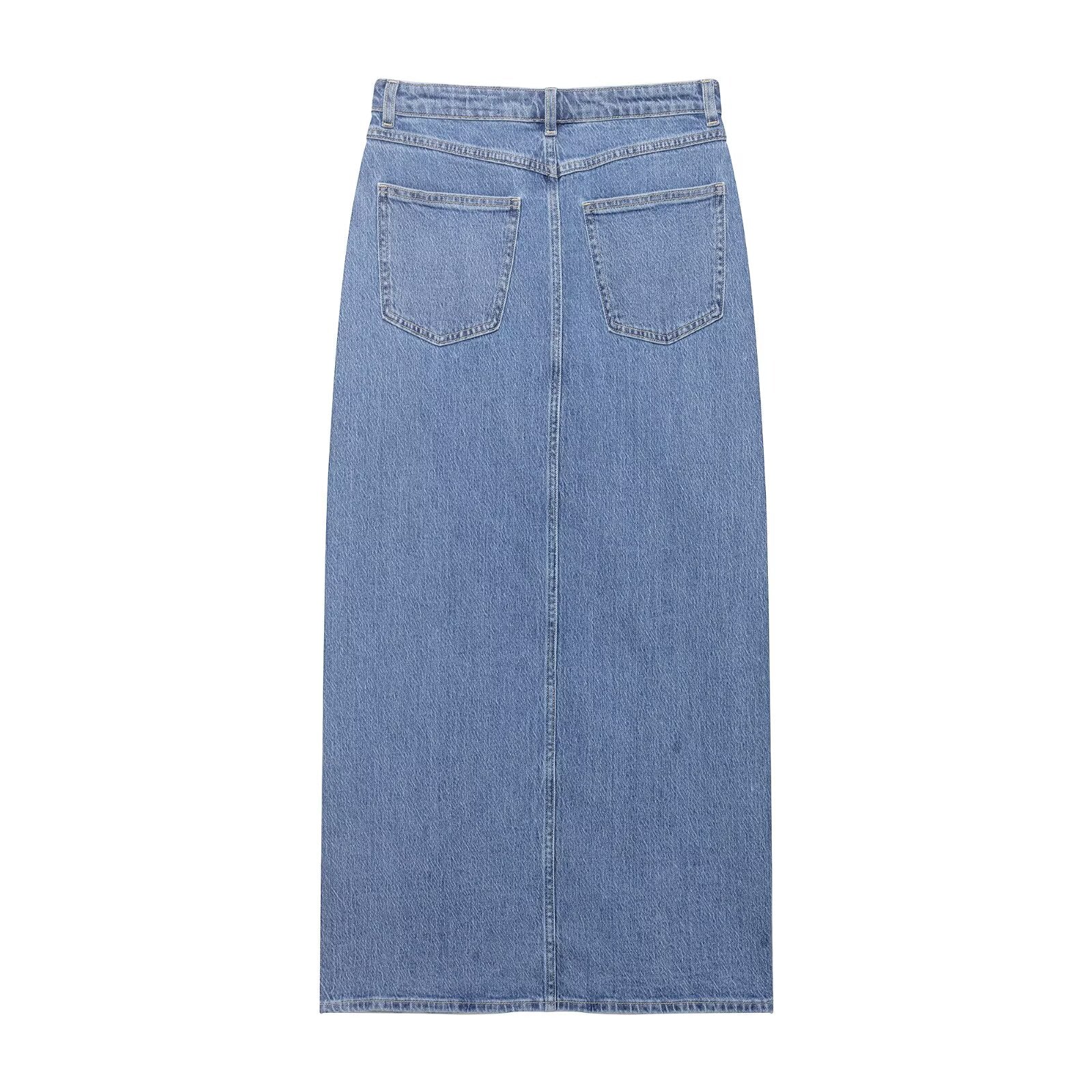 Women wearing a casual denim midi skirt by Wanita Store, perfect for summer, shown in a relaxed, stylish pose.