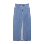 Women wearing Wanita Store summer casual denim midi skirt, showing its relaxed fit and stylish design.