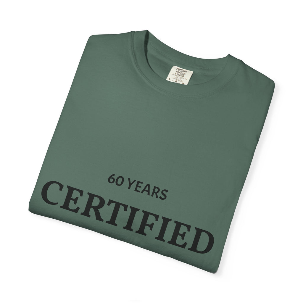 Certified Classic 60 Years T-Shirt by Printify, white cotton T-shirt with vintage 60-year anniversary design on front.
