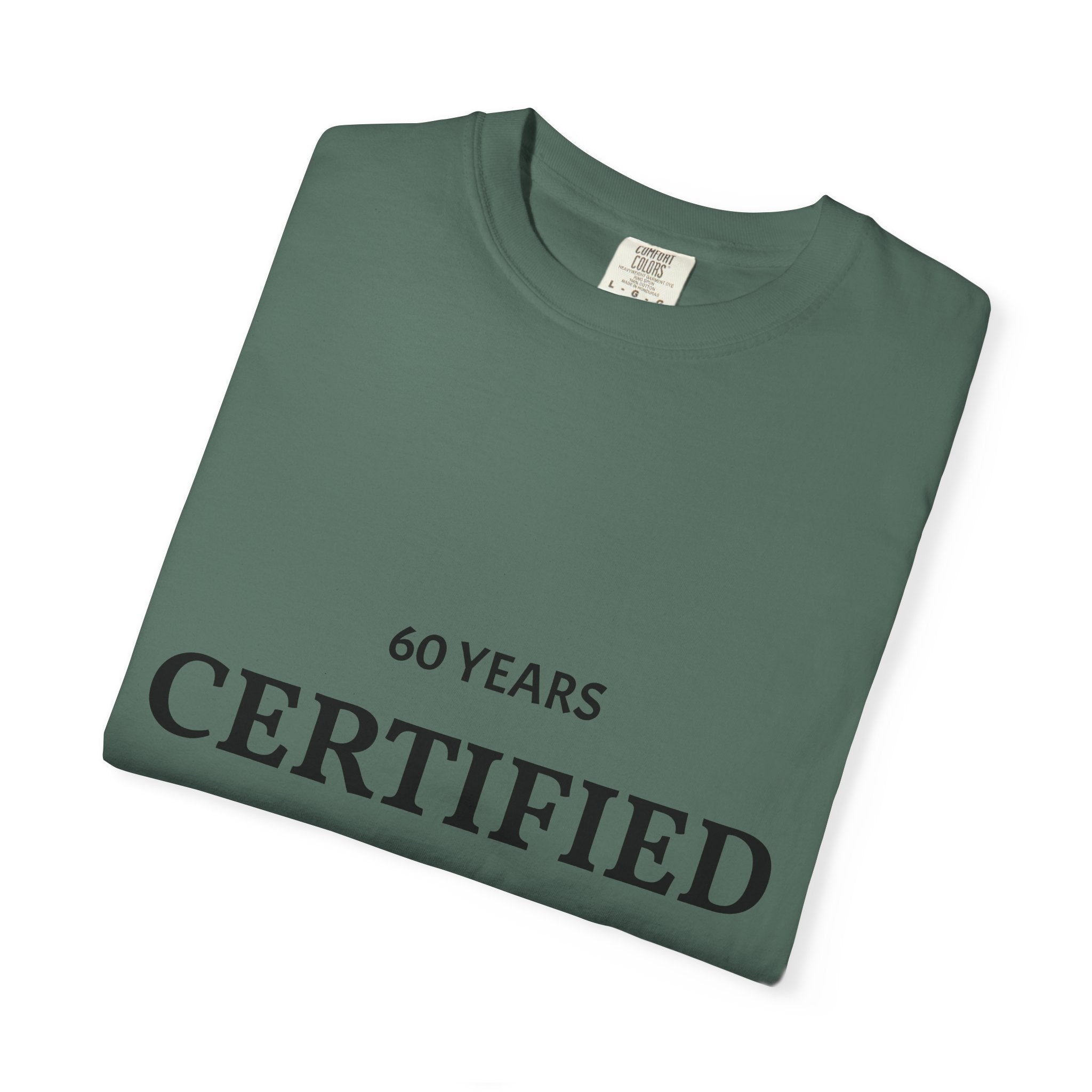 Certified Classic 60 Years T-Shirt by Printify, white cotton T-shirt with vintage 60-year anniversary design on front.