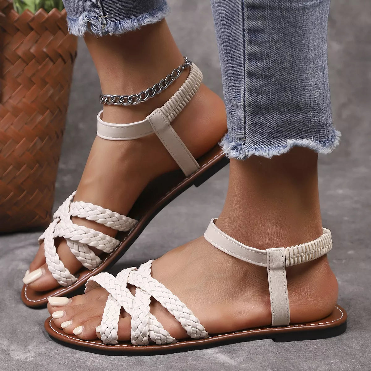 Open toe braided strap sandals by Plush Fashion Hub featuring stylish leather straps and a comfortable flat sole