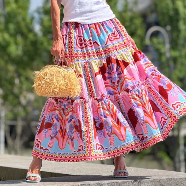 Printed ruffled summer swing skirt for women, large size, featuring a flowing design from Plush Fashion Hub.