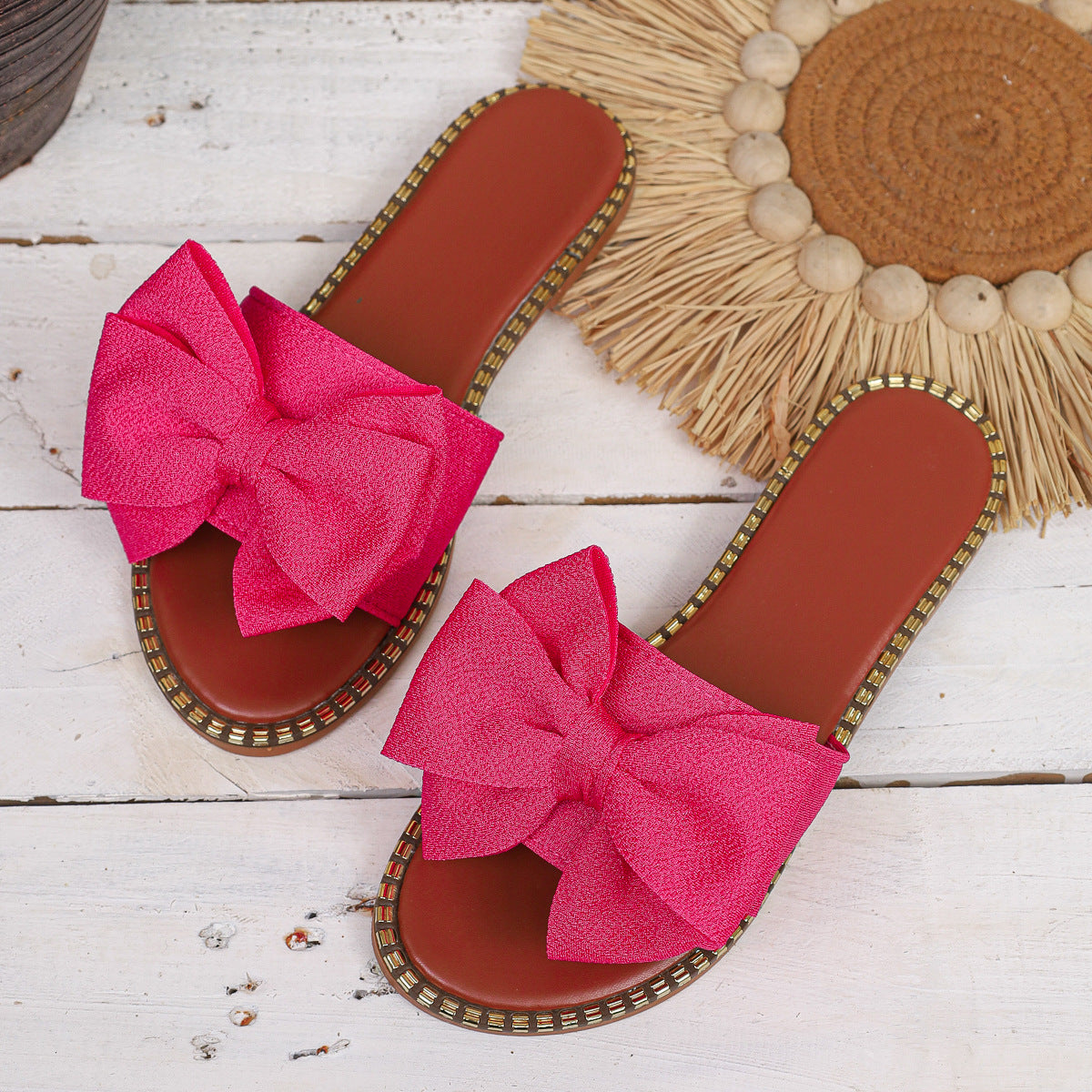 Shopimist bowknot embellished flat sandals with decorative bows and comfortable flat sole, perfect for casual or summer wear.