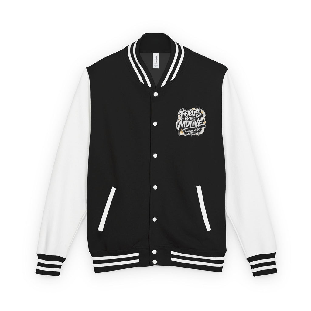 Wear Your Worship varsity jacket featuring Proverbs 4:25 inspirational lettering on the front, stylish and comfortable apparel.