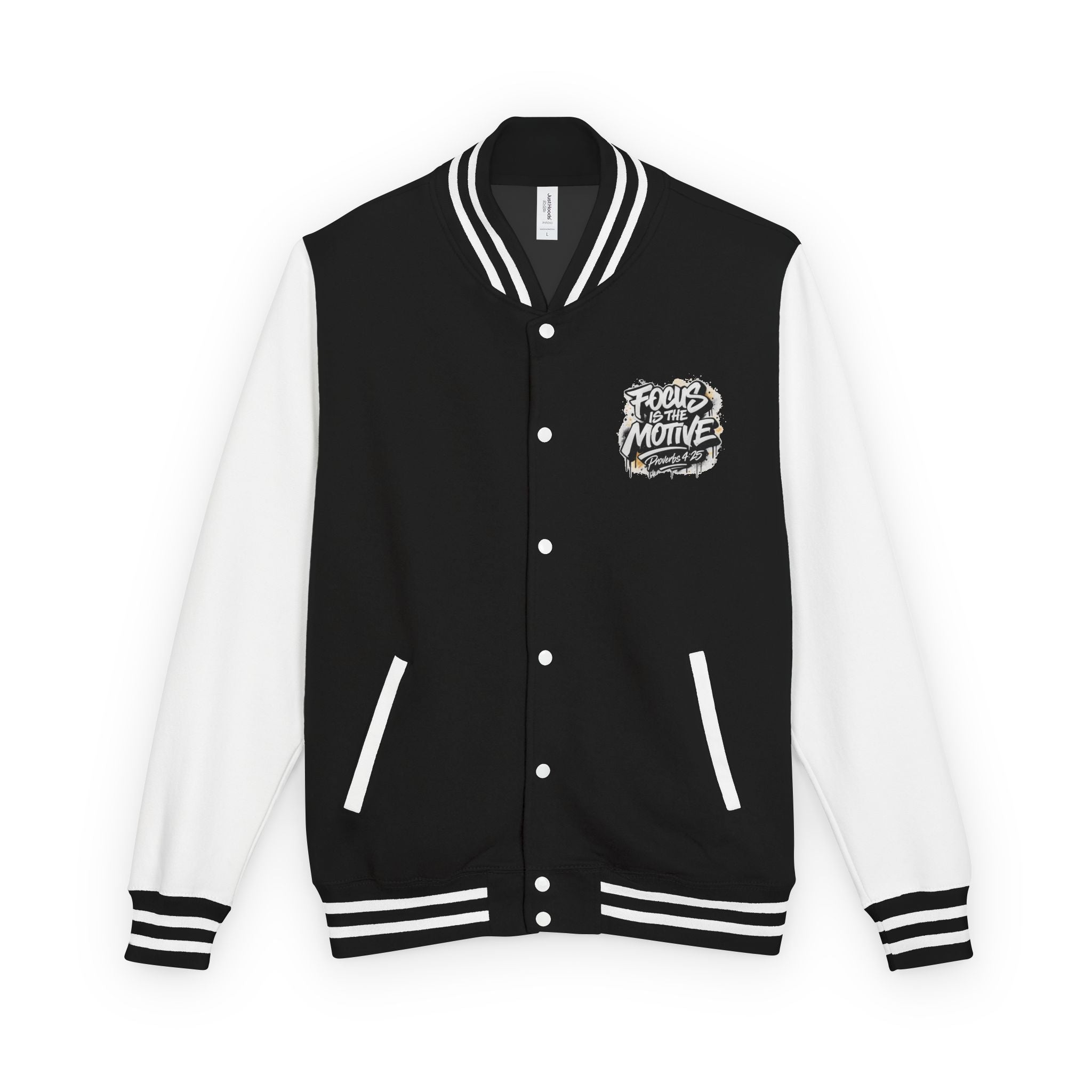 Wear Your Worship varsity jacket featuring Proverbs 4:25 inspirational lettering on the front, stylish and comfortable apparel.