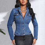 Women's denim-look short jacket from Plush Fashion Hub, featuring a stylish casual design and button front.