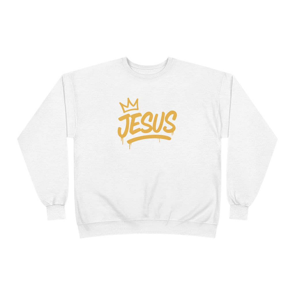 Wear Your Worship Jesus Crown crewneck sweatshirt with gold script, featuring inspirational religious design on soft apparel.