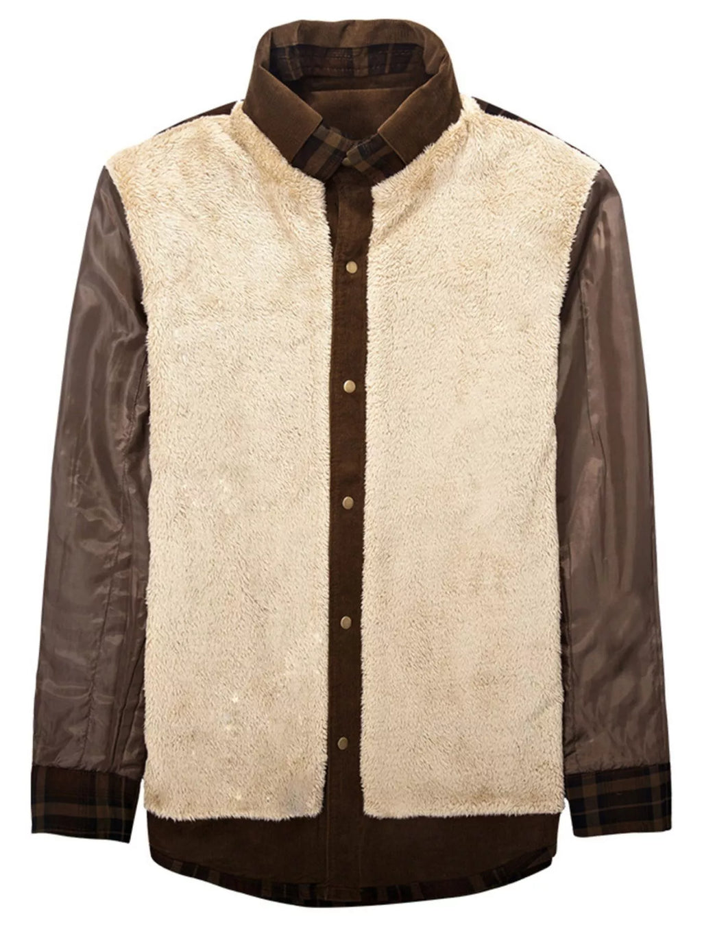 Men's full-size plaid fleece-lined snap down jacket by Shopimist, featuring a classic plaid pattern and cozy fleece interior.