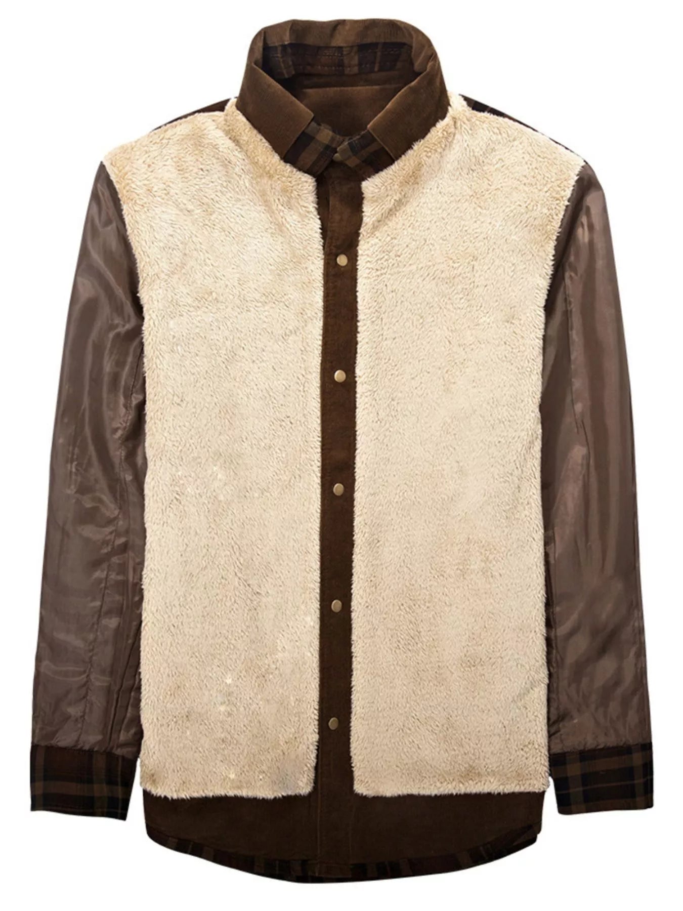 Men's plus size plaid fleece-lined snap down jacket by Shopimist, showing the stylish plaid pattern and snap button front.