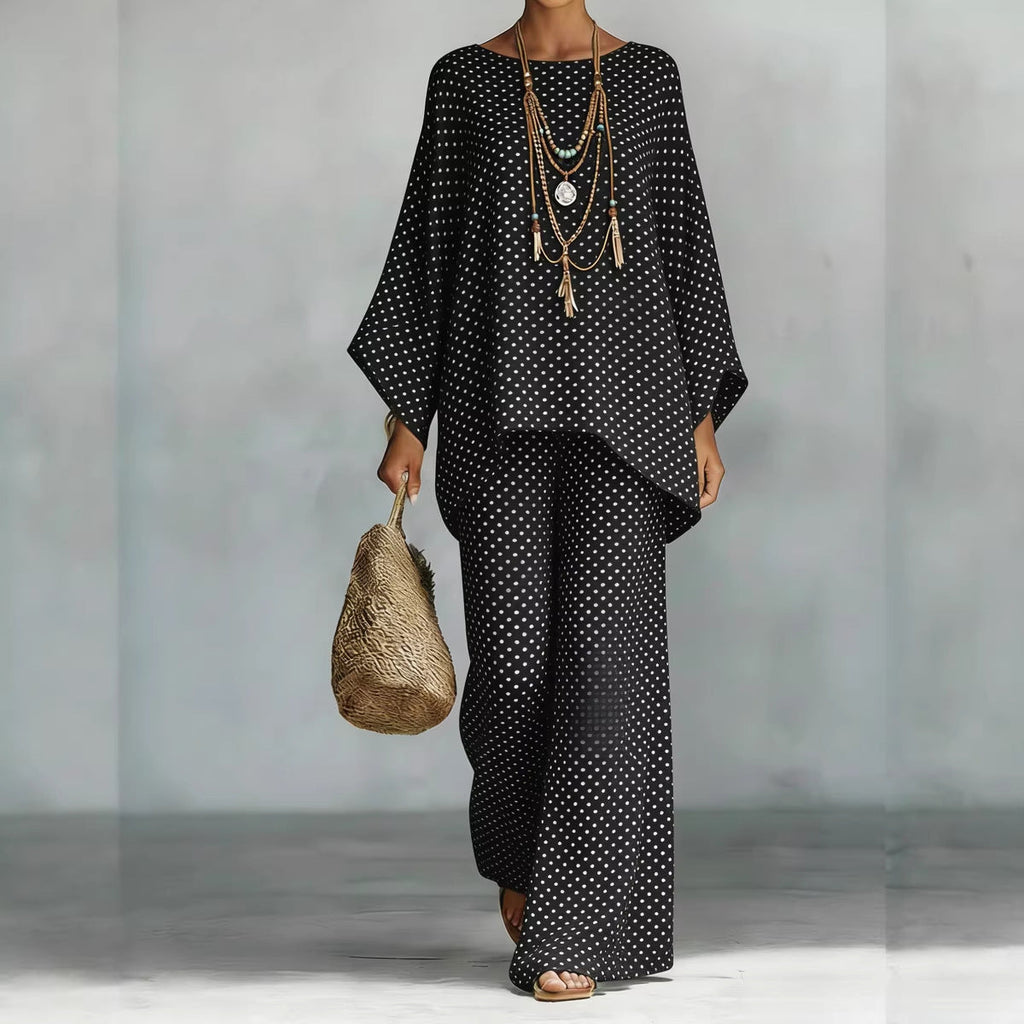 Floral print bamboo linen two-piece set with wide-leg pants by FitiqueFit, featuring a stylish and comfortable summer outfit.