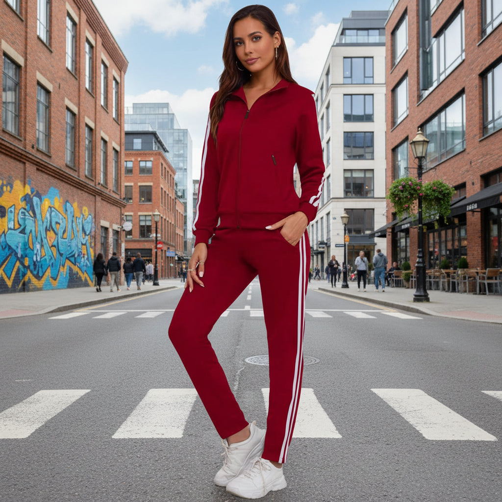 Women’s printed sports long-sleeve hoodie set by FitiqueFit, featuring a stylish activewear design with vibrant print details.