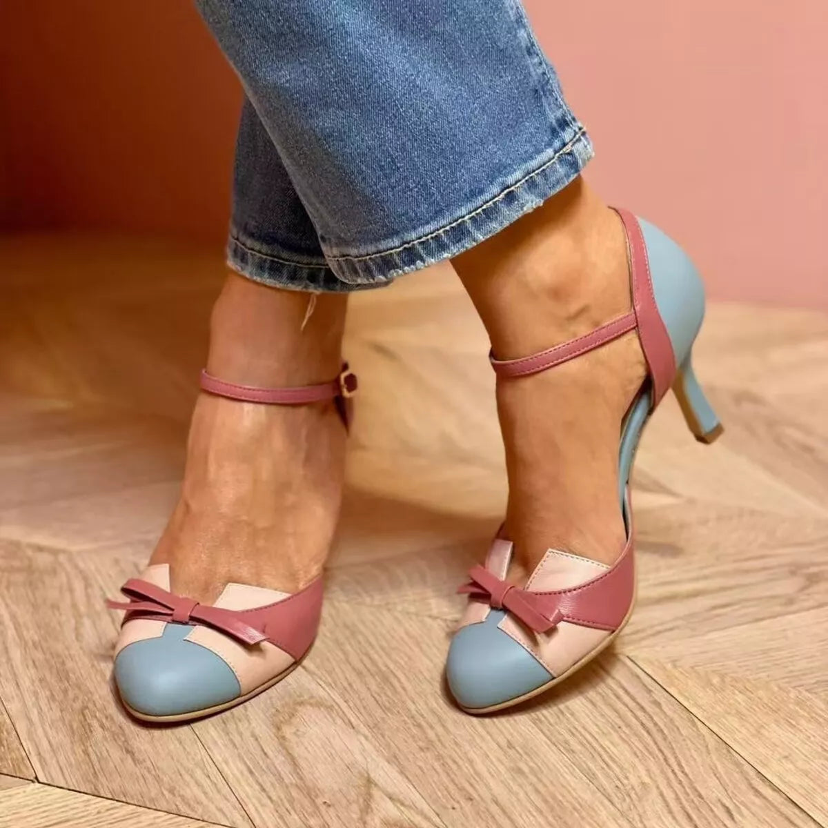 Plush Fashion Hub bow round toe mid heel sandals featuring a stylish design and comfortable fit.