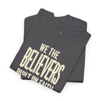 Black Faith T-Shirt by Wear Your Worship featuring "We The Believers" Christian graphic design on a black background.