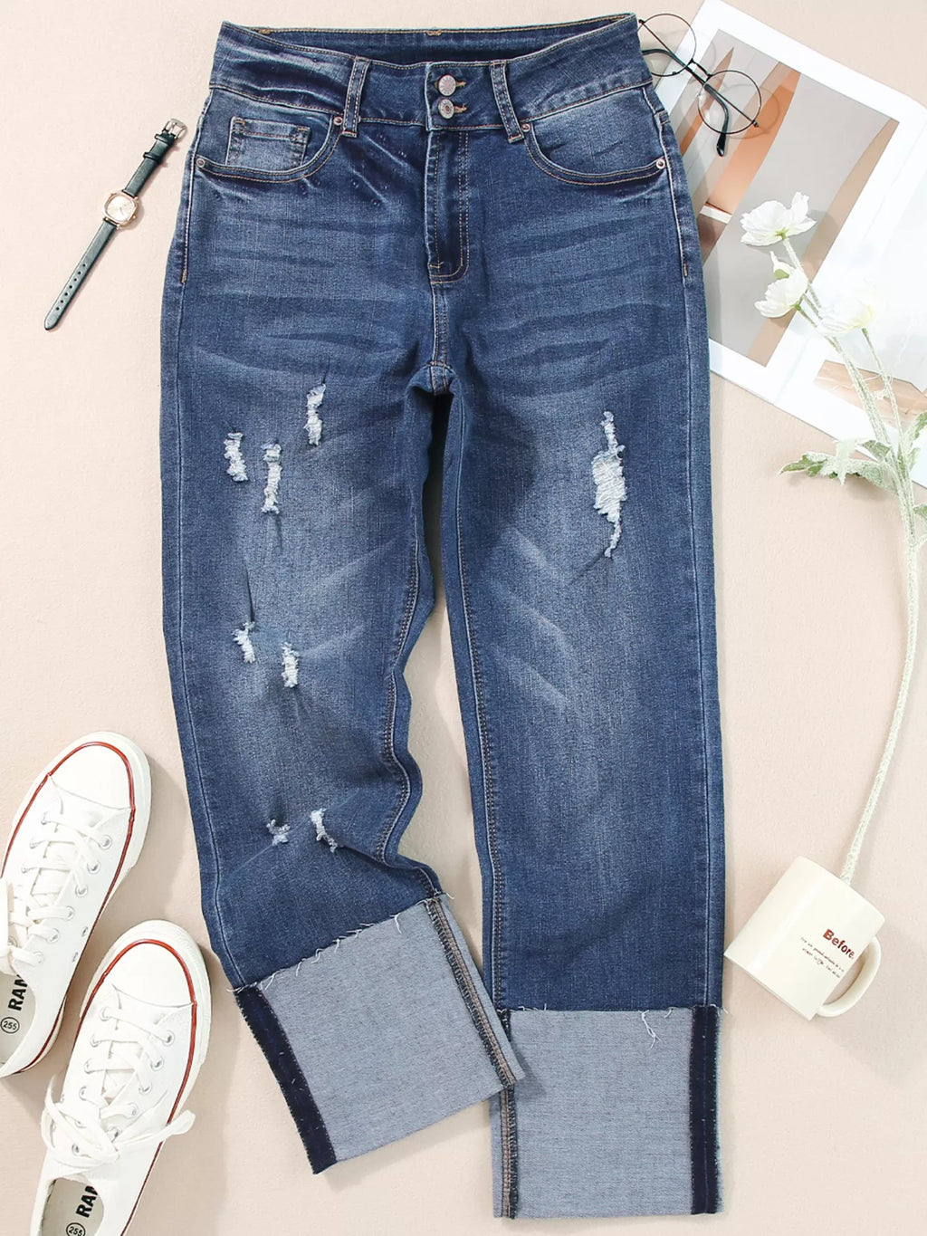 High waist distressed straight leg jeans from Trendsi, featuring a classic denim look with rips and a relaxed fit.