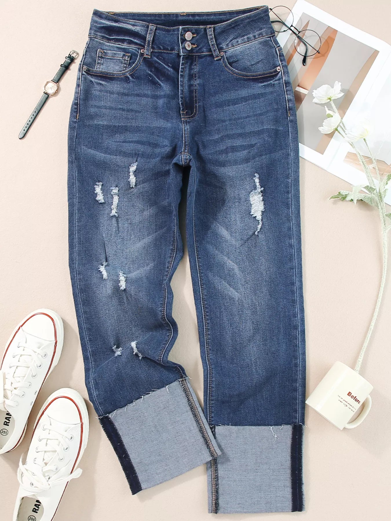 High waist distressed straight leg jeans from Trendsi, featuring a classic denim look with rips and a relaxed fit.