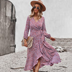 Plush Fashion Hub autumn floral dress with chest wrap, tie large swing skirt, perfect for winter and holiday leisure wear.