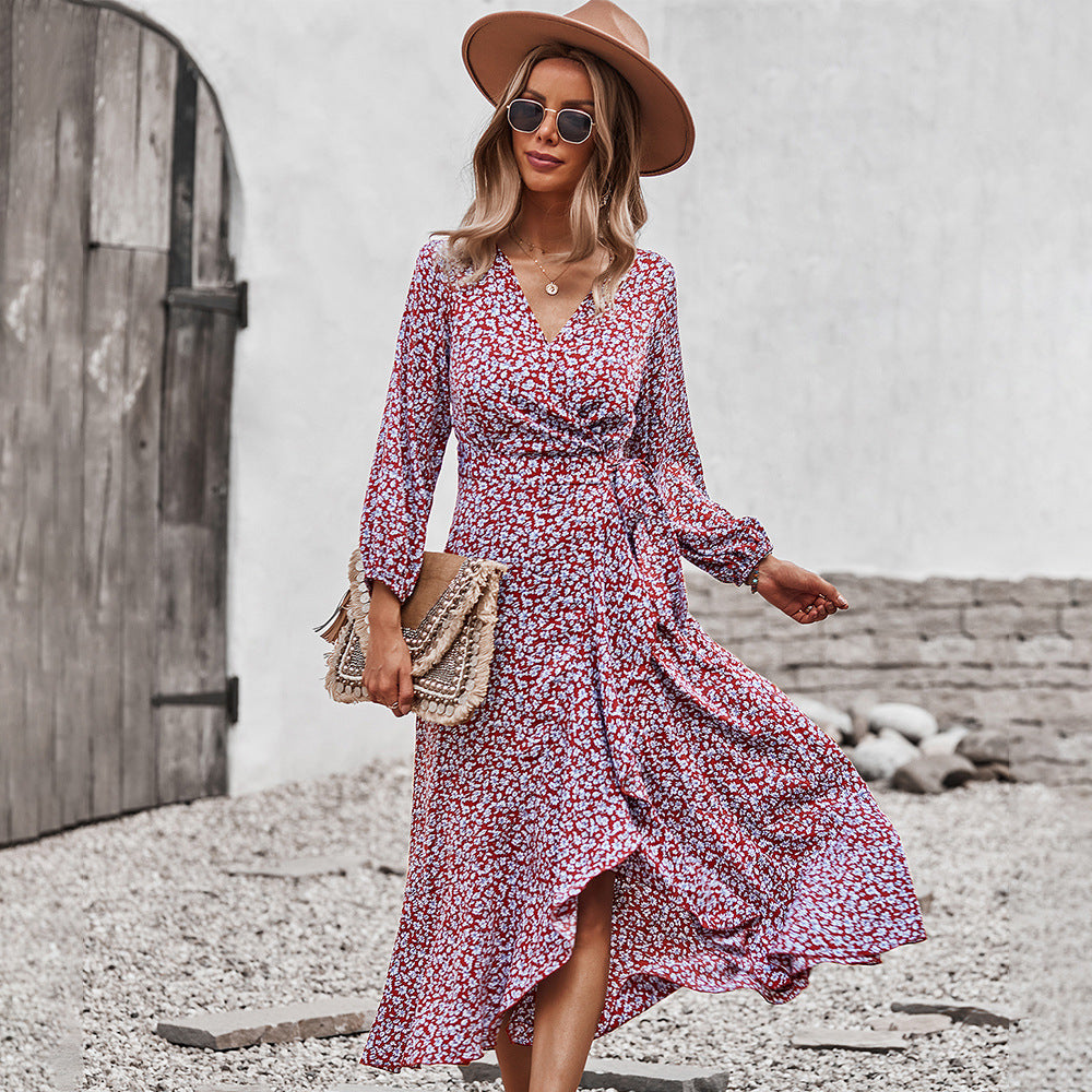 Plush Fashion Hub autumn floral dress with chest wrap, tie large swing skirt, perfect for winter and holiday leisure wear.