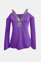 Sequin V-neck cold shoulder top from Trendsi, featuring shimmering sequins, V-neckline, and cold shoulder design, stylish and trendy.