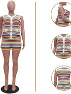 Striped crochet knit top and shorts set by Shopimist, featuring a stylish, casual summer outfit with vibrant stripes and soft knit fabric.