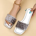 Shopimist sequin open toe sandals with a strappy design and block heel, showcasing shiny sequin details and stylish summer footwear.