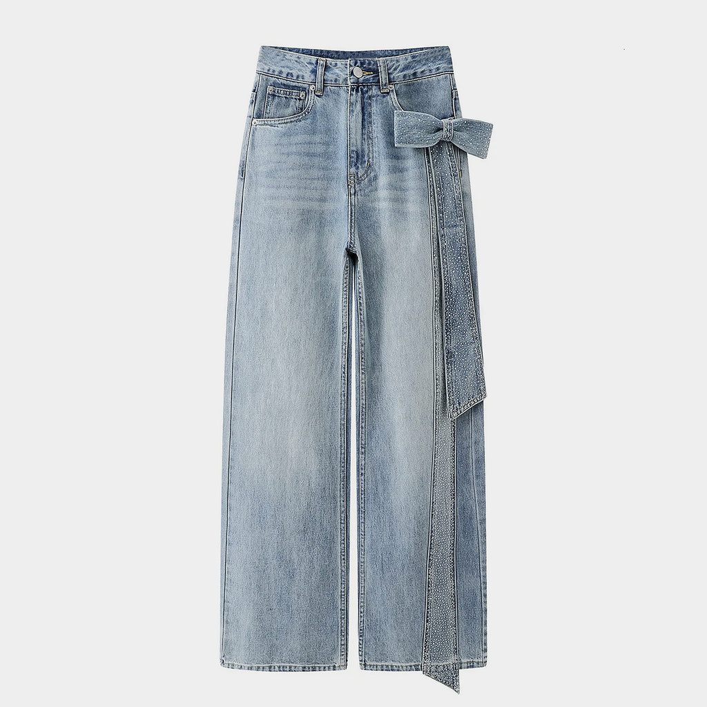 Fashion Heavy Rhinestone Side Bow Decorated Washed Denim Pants
