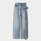 Fashion Heavy Rhinestone Side Bow Decorated Washed Denim Pants