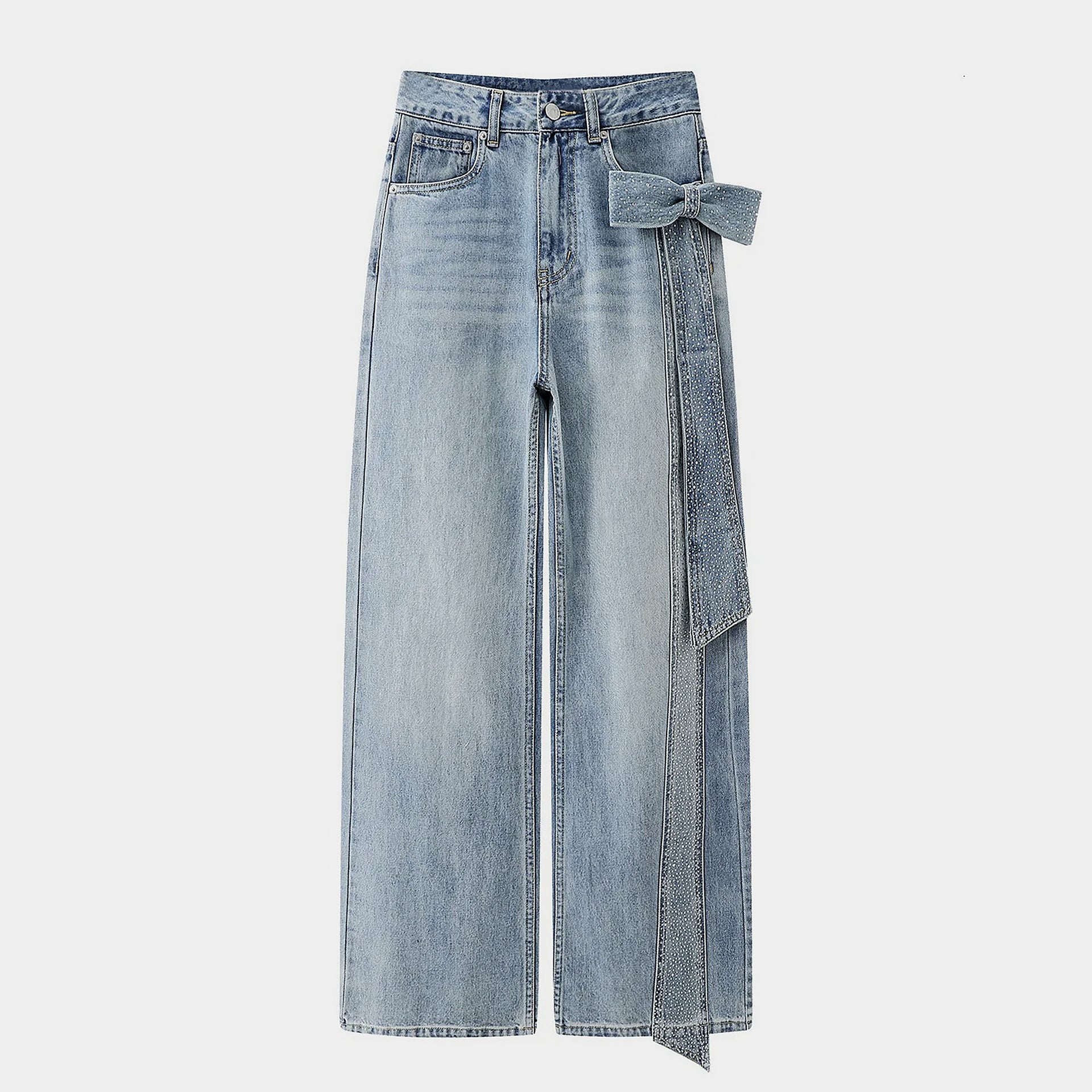 Fashion Heavy Rhinestone Side Bow Decorated Washed Denim Pants