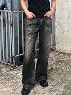 Men's vintage washed frayed hem denim jeans by Plush Fashion Hub, showing distressed details and relaxed fit.