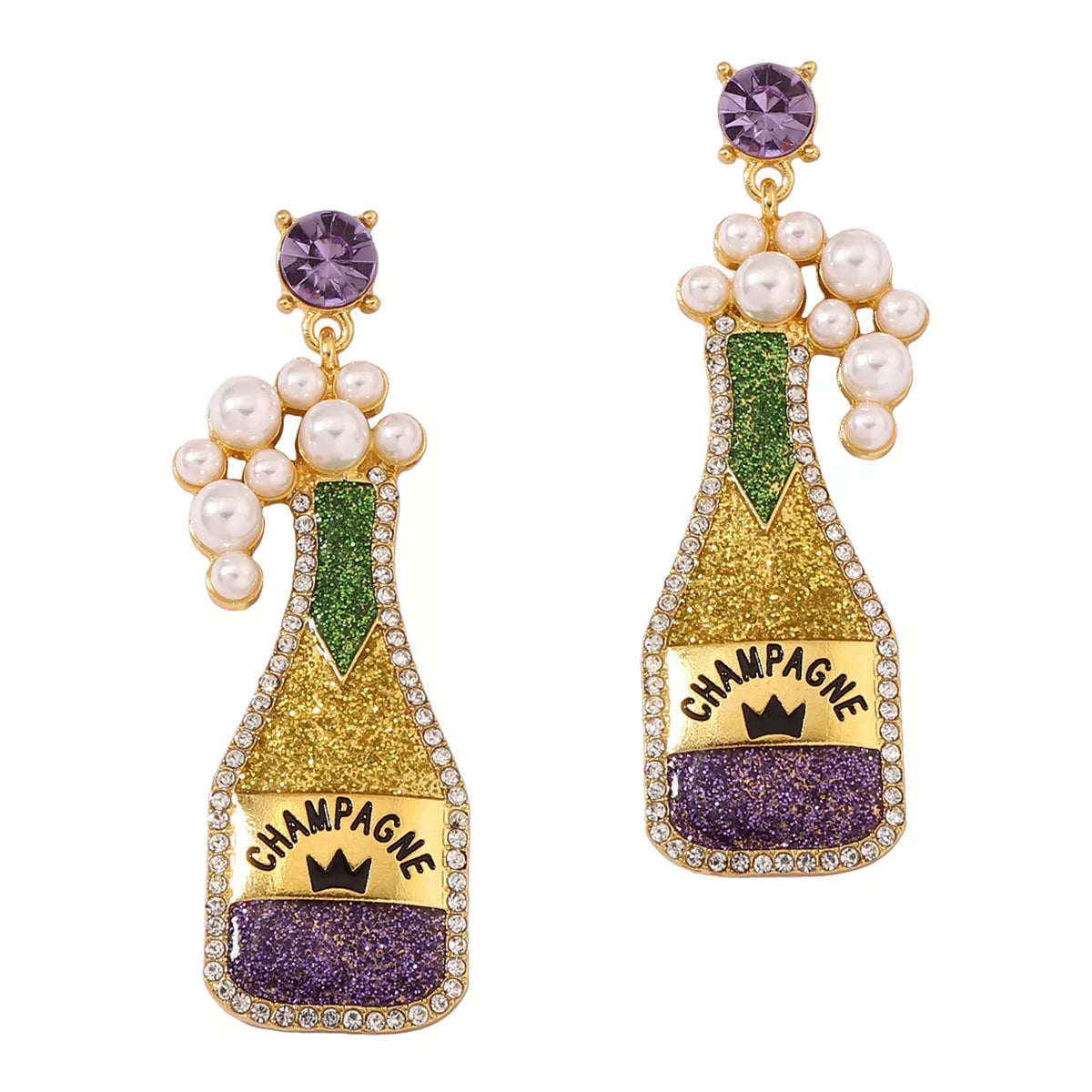 Champagne bottle earrings with pearl accents, stylish jewelry by Shopimist featuring gold-tone charms and elegant design