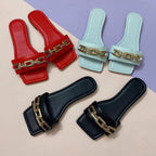 Plush Fashion Hub women's casual flat bottom sandals with chain detail, open-toe design, perfect for everyday wear.