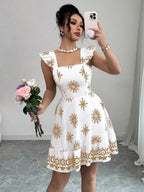 Printed bow back square neck mini dress by Shopimist featuring a stylish square neckline and a charming bow at the back.
