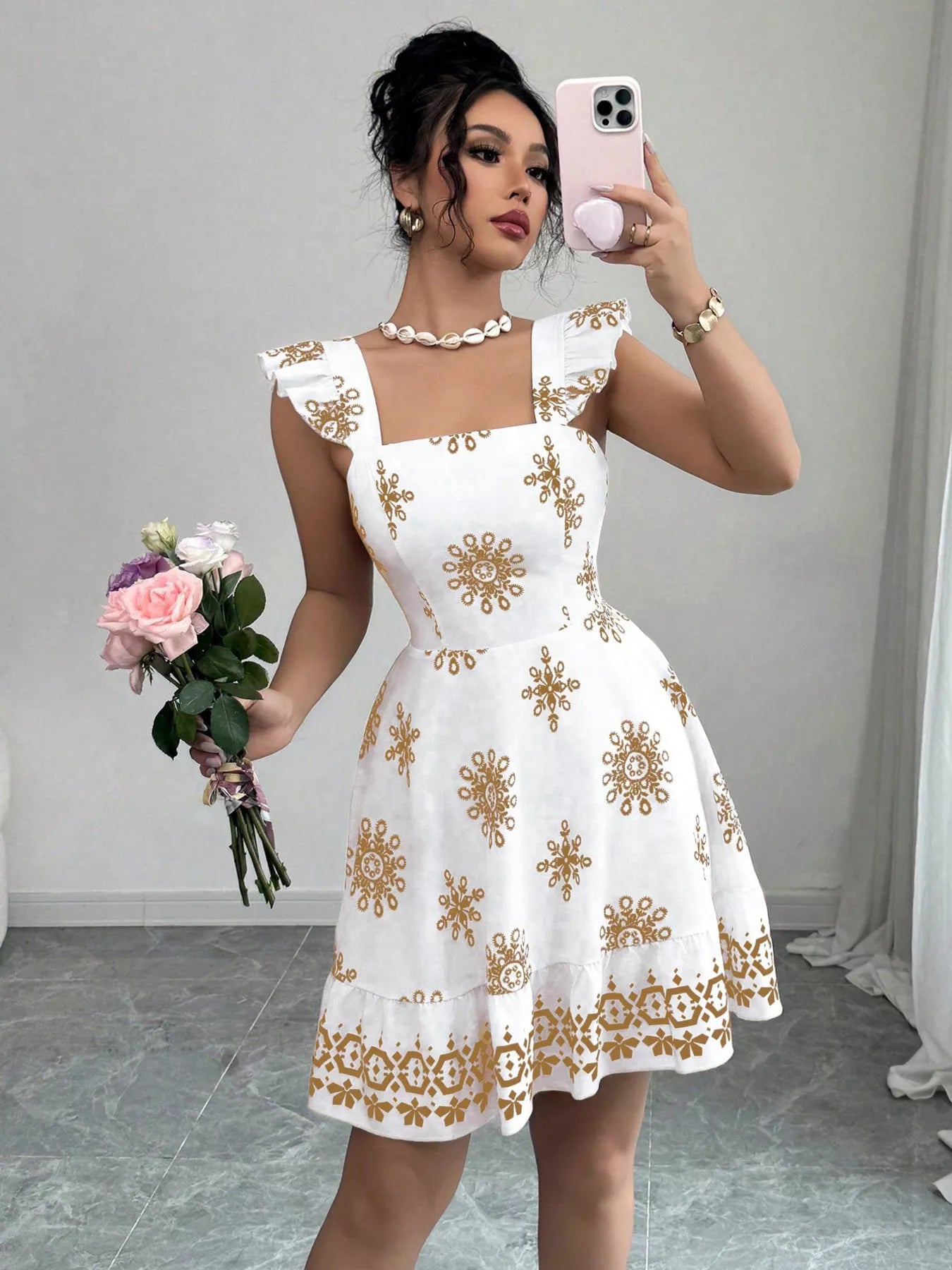 Printed bow back square neck mini dress by Shopimist featuring a stylish square neckline and a charming bow at the back.