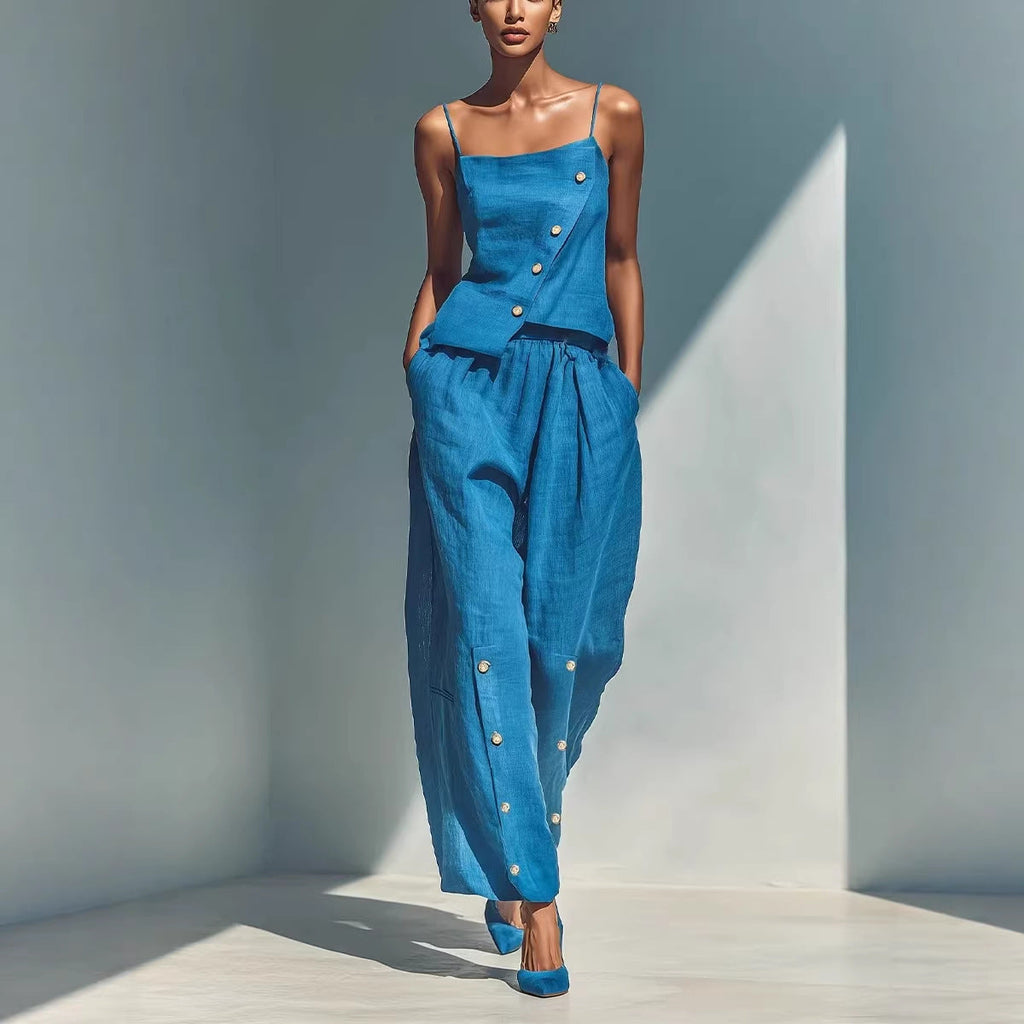 Women’s gold-buckle camisole and pants two-piece casualwear set by FitiqueFit, featuring a stylish camisole top and matching pants.