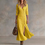 Casual cotton linen long sleeve women's dress by FitiqueFit, shown in a relaxed fit with a classic neckline and natural fabric texture.