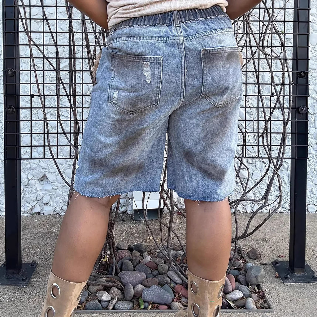 Ripped Distressed Denim Shorts with Lace Hollow-Out and 3D Floral Design